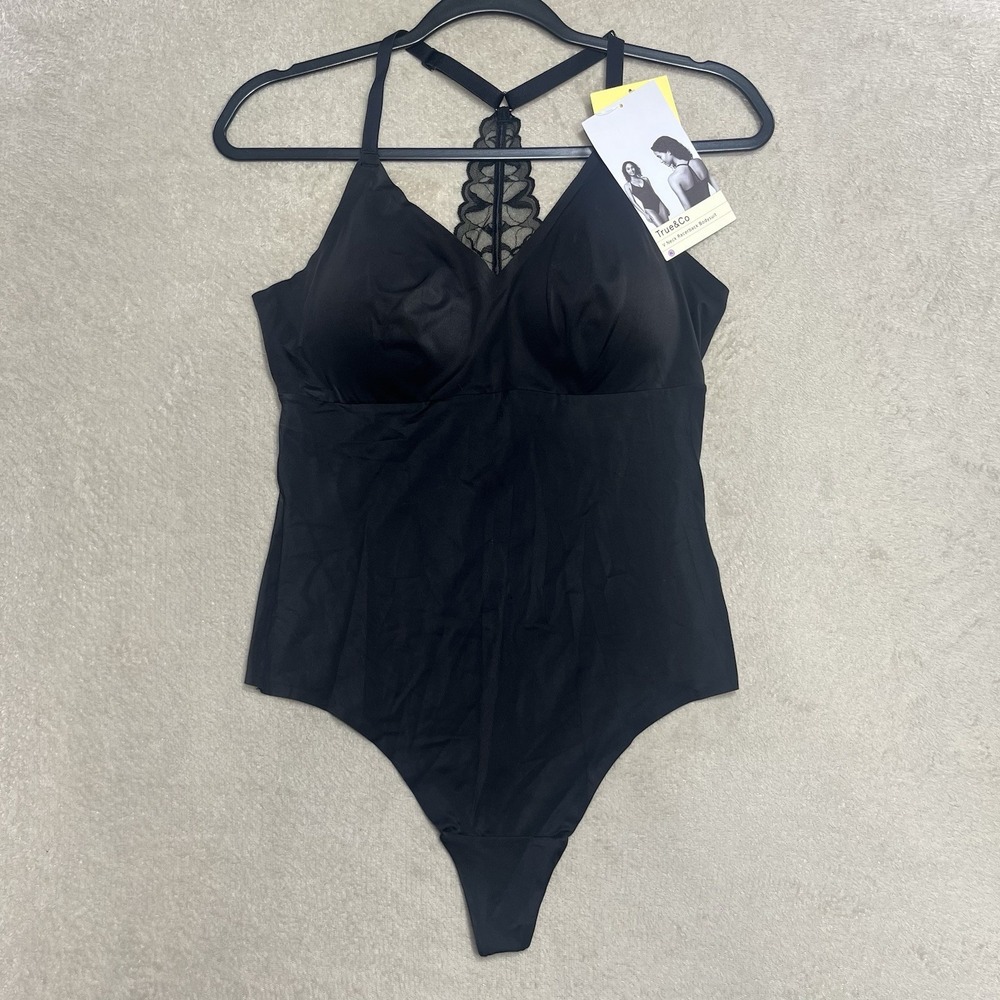 NEW True & Co Black V-Neck Racerback Bodysuit Size XL Lace Back Built In Bra